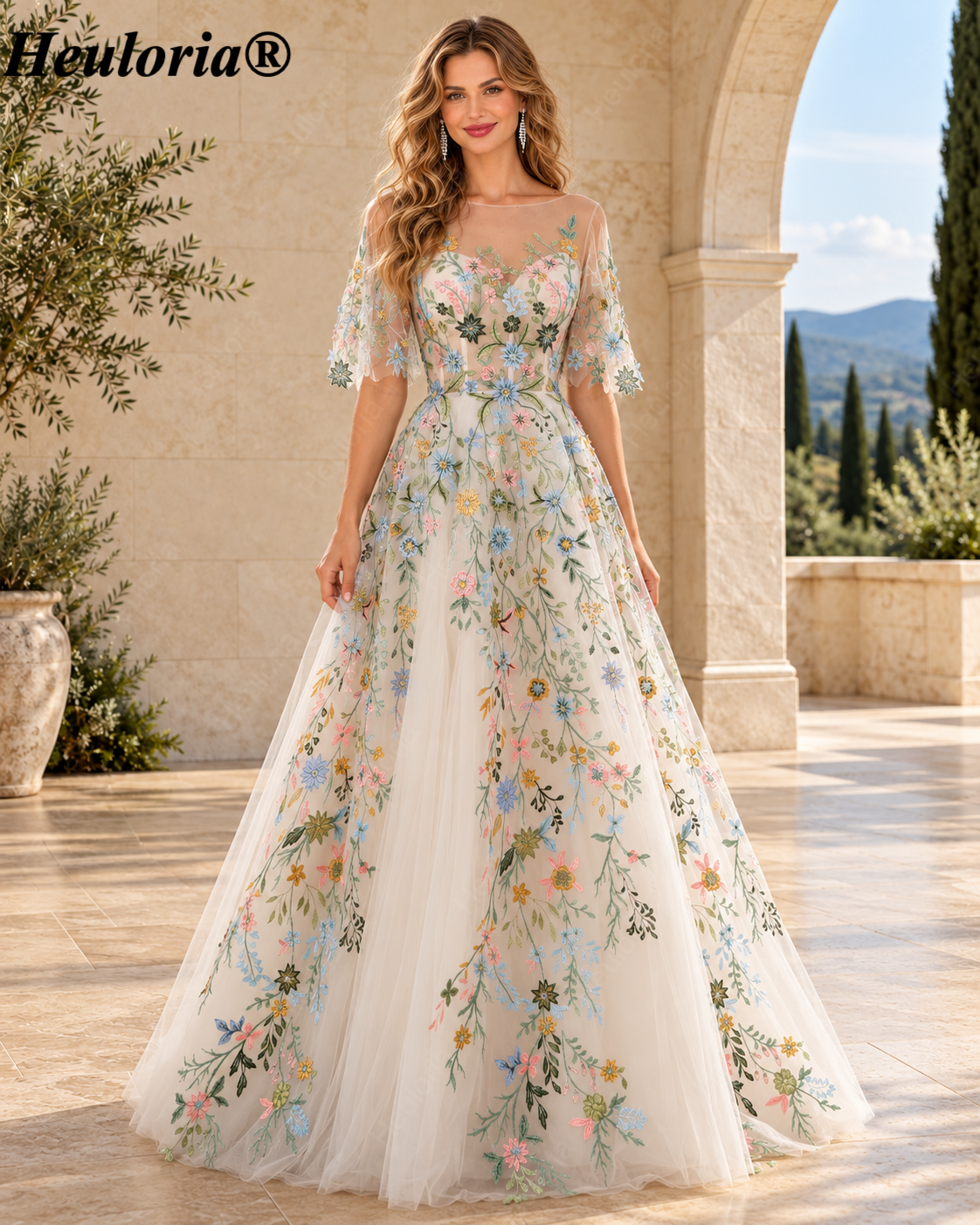 HEULORIA Light Blue Floral Embroidered Tulle A-Line Prom Dress with Sweetheart Corset Bodice ED-670 Immagine principale del prodotto