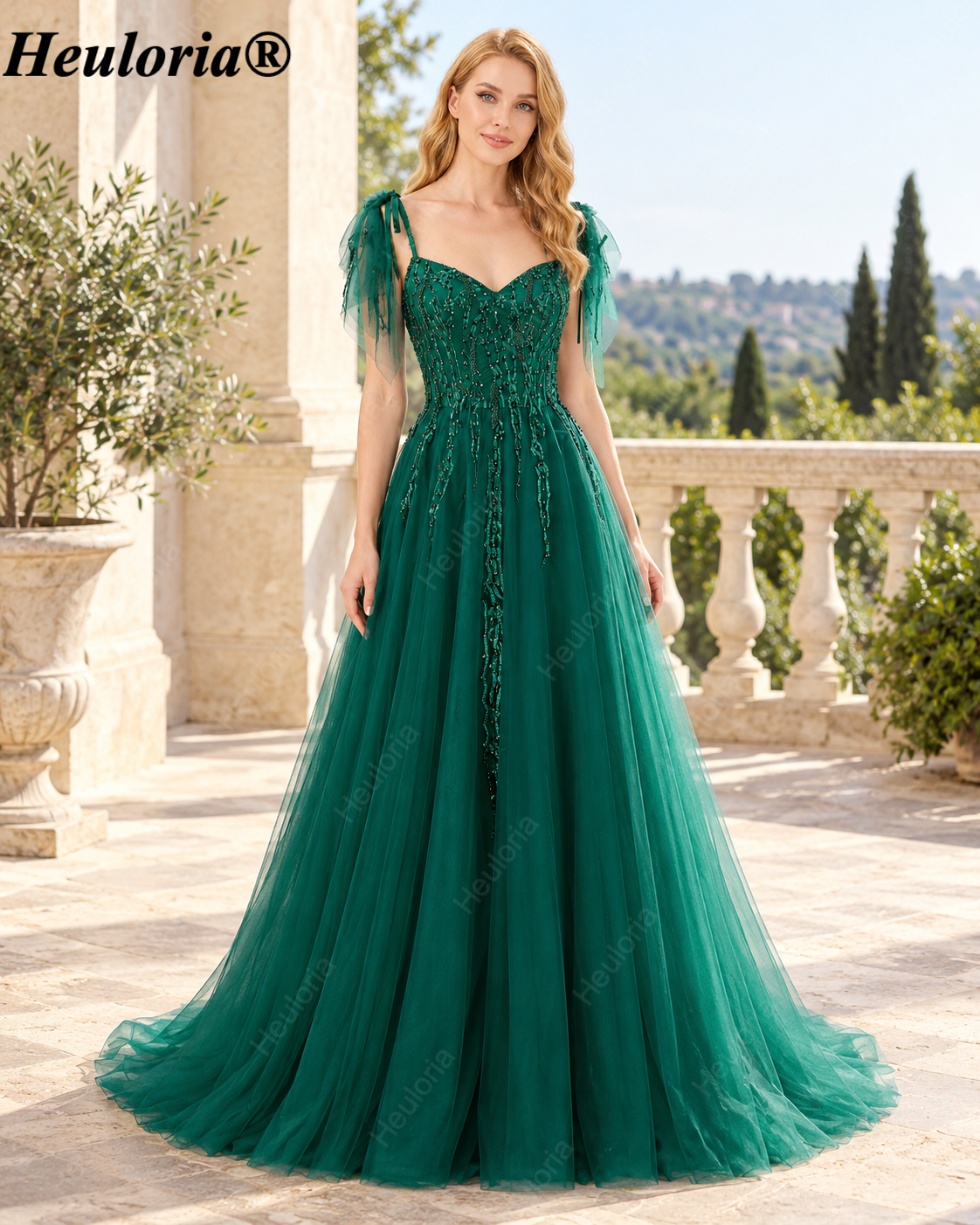 HEULORIA Emerald Green Beaded Tulle A-Line Prom Dress with Tie Straps – ED-344