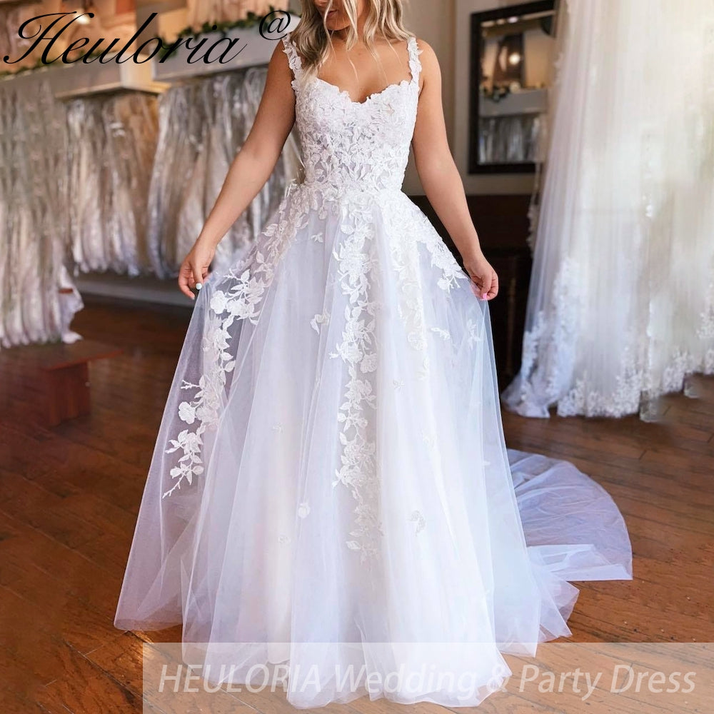 HEULORIA Illusion Off The Shoulder A-Line Wedding Dresses Appliques Lace Country Bridal Gowns Robe De Mariée Customized AL-QK277