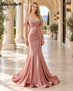HEULORIA Dusty Rose Ruched Satin Mermaid Evening Dress with Crystal Straps ED-349