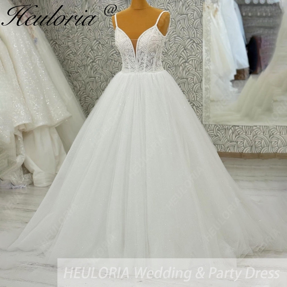 Heuloria Shimmering Starry Tulle Ballgown - Deep V-Neck & Leaf Lace Spaghetti Strap Wedding Dress AL-1095