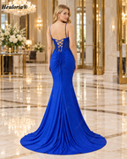HEULORIA Royal Blue Beaded Lace Corset Mermaid Prom Dress with High Slit ED-213