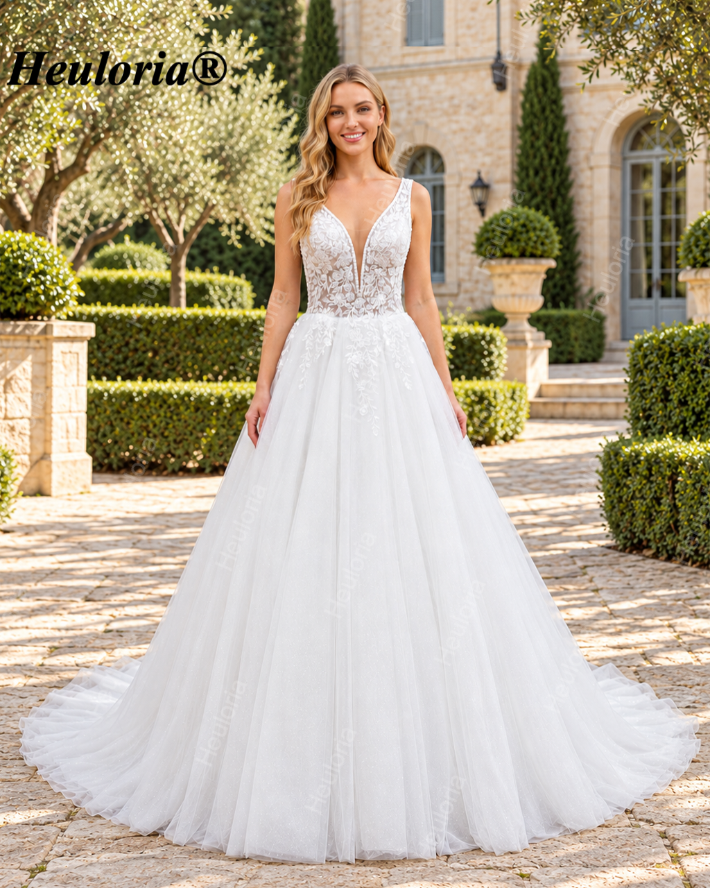 Deep V 3D Floral Shimmer A-Line Wedding Dress AL-1056 Imagen principal del producto