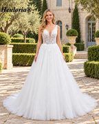 Deep V 3D Floral Shimmer A-Line Wedding Dress AL-1056