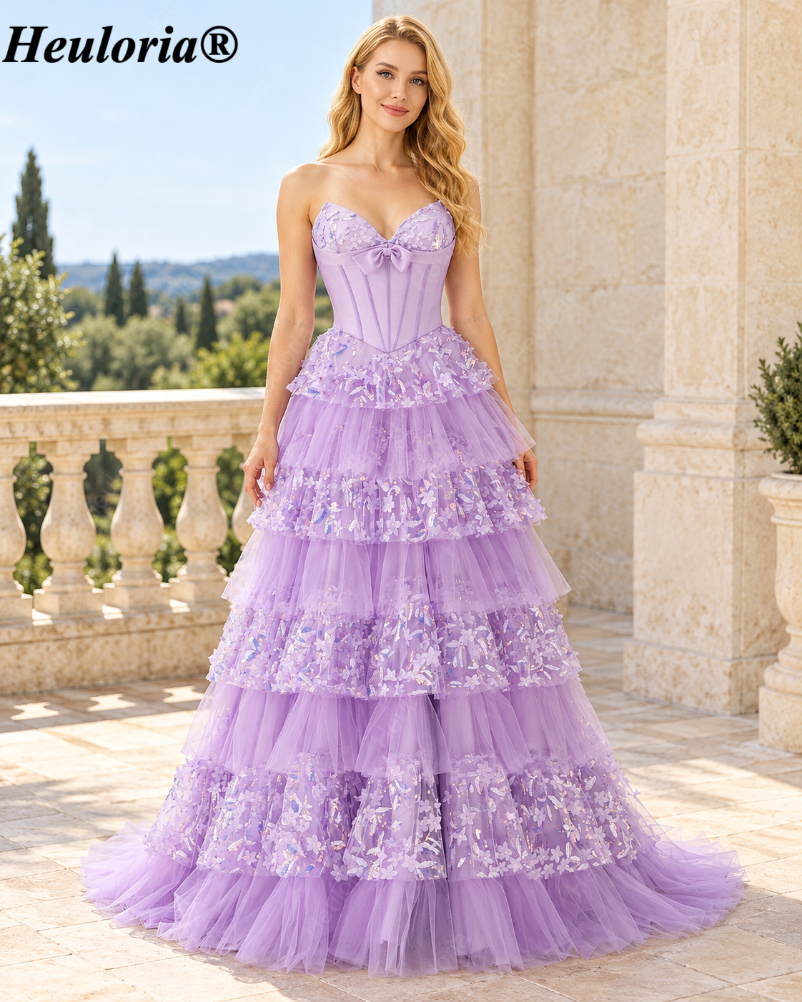 heuloria Strapless Floral Tiered Tulle Corset Prom Dress with Bow ed-507