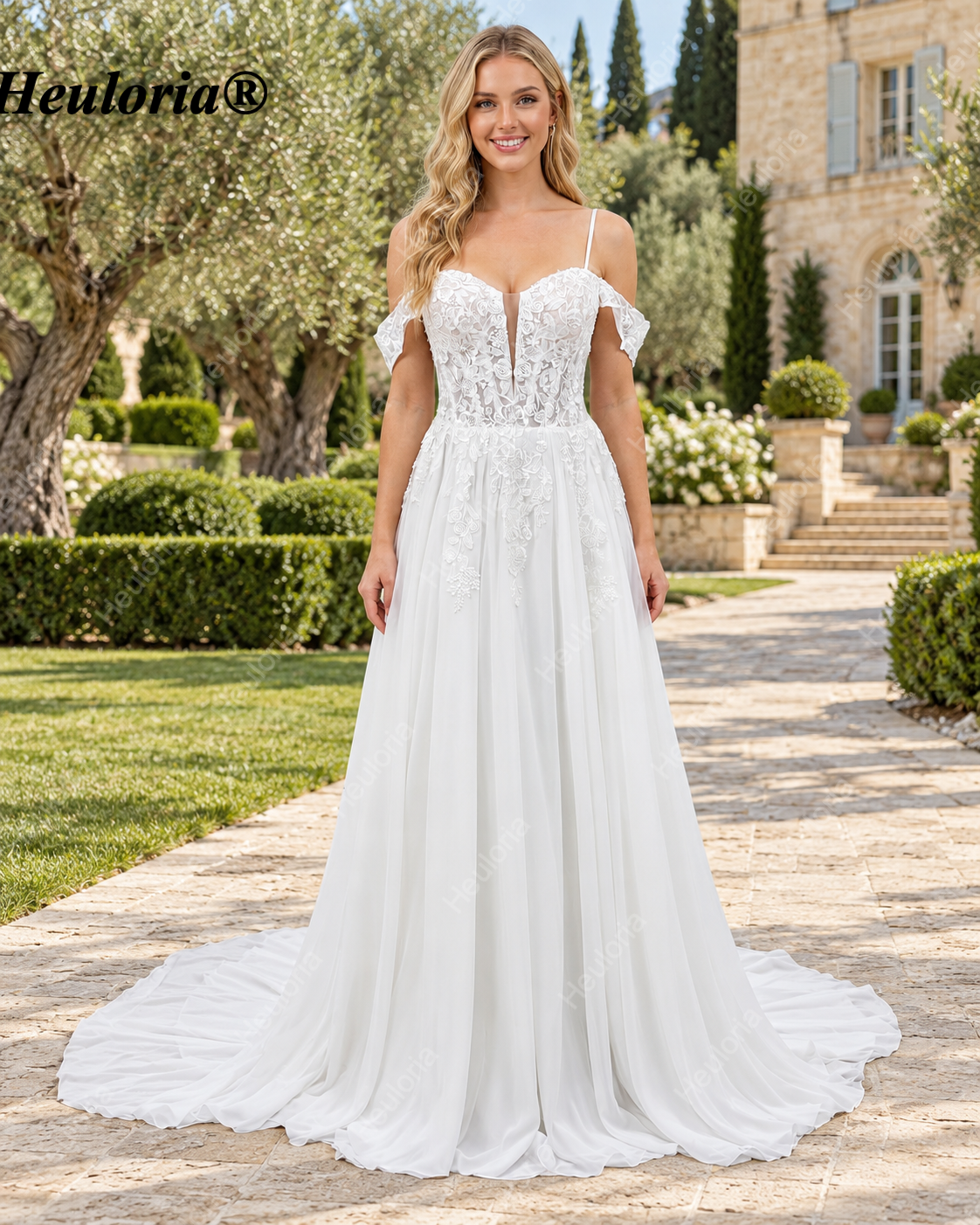 Deep V Off-Shoulder Lace A-Line Wedding Dress AL-1054
