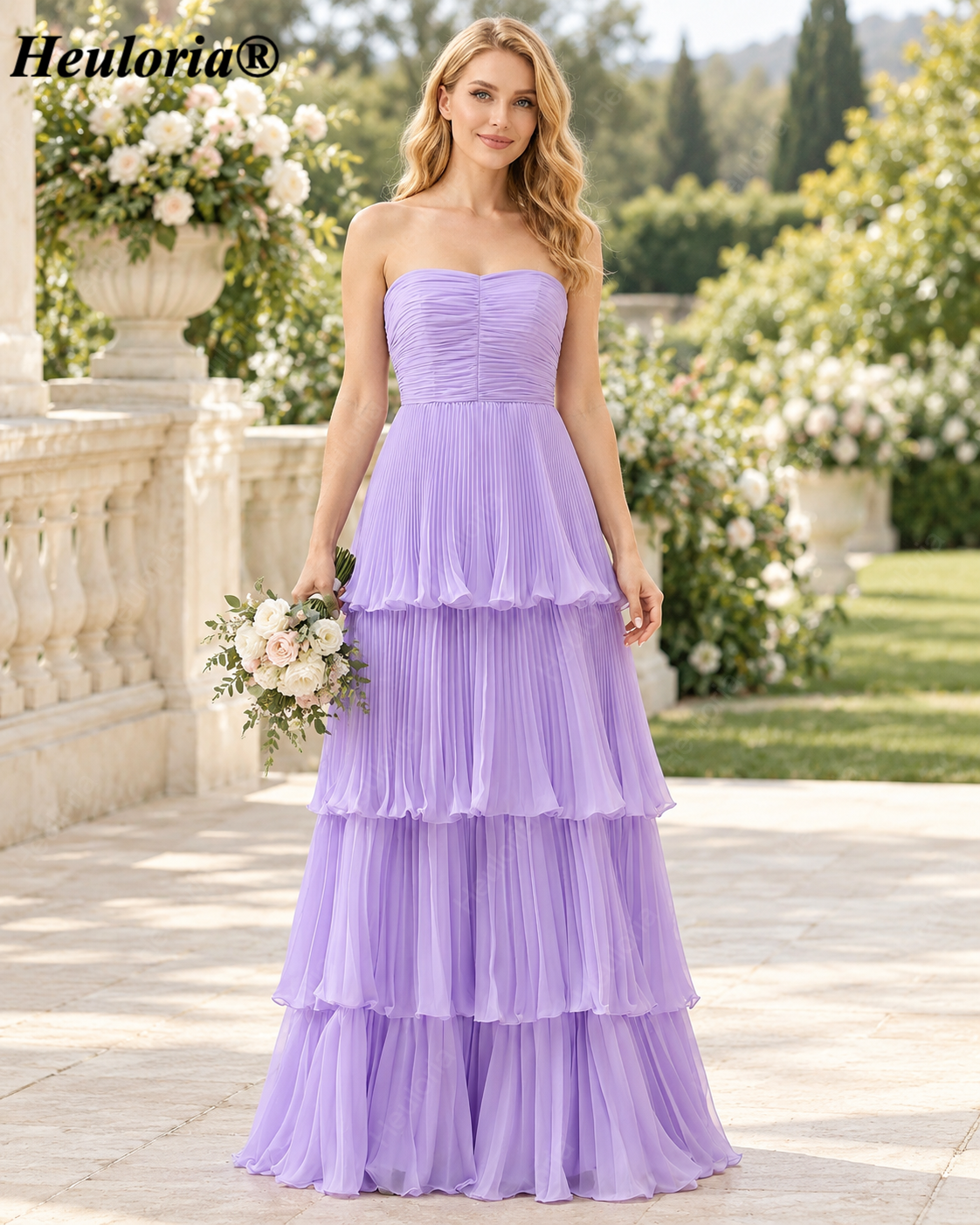 HEULORIA Lilac Strapless Sweetheart Pleated Chiffon A-Line Bridesmaid Dress – ED-241 Immagine secondaria del prodotto