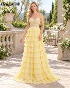 HEULORIA Lavender Strapless Lace Corset Tiered Chiffon A-Line Prom Dress – ED-235