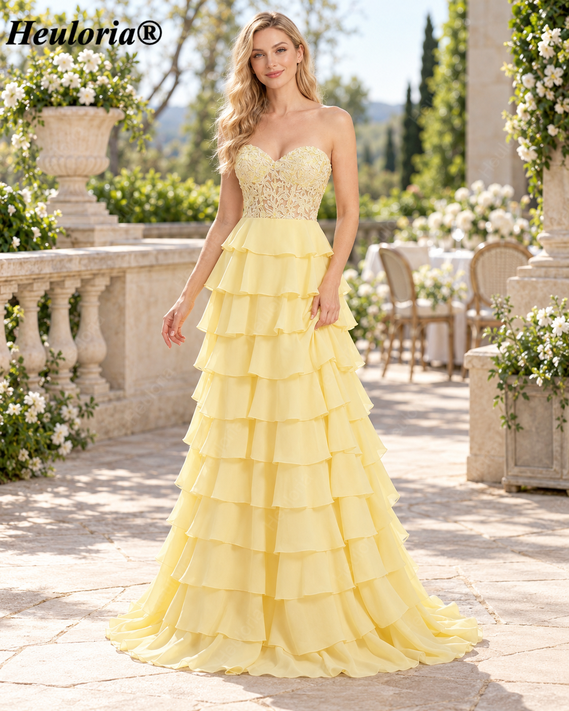 HEULORIA Lavender Strapless Lace Corset Tiered Chiffon A-Line Prom Dress – ED-235