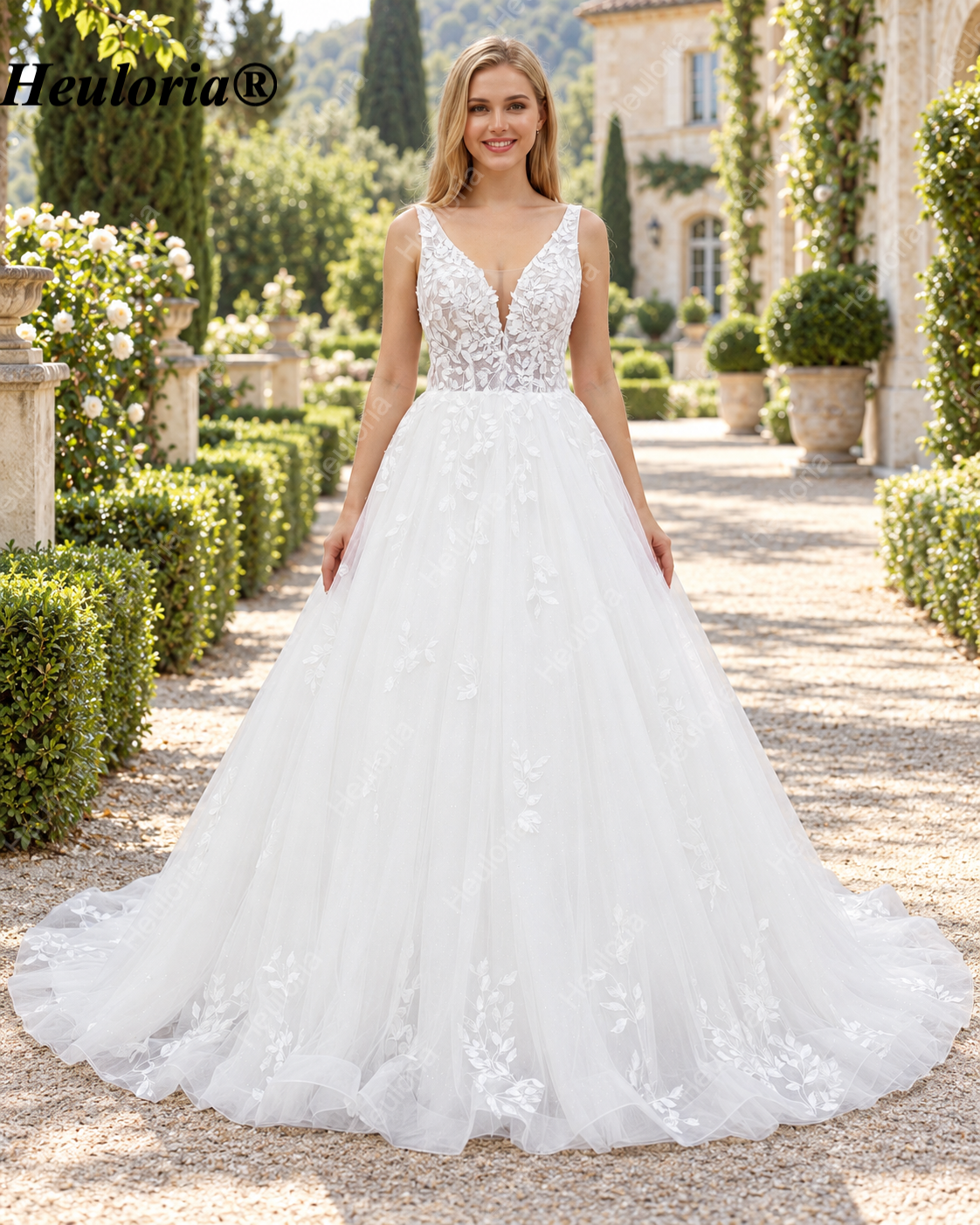 Deep V Leaf Lace Glitter Tulle Corset Ball Gown Wedding Dress BA-1047 Main image