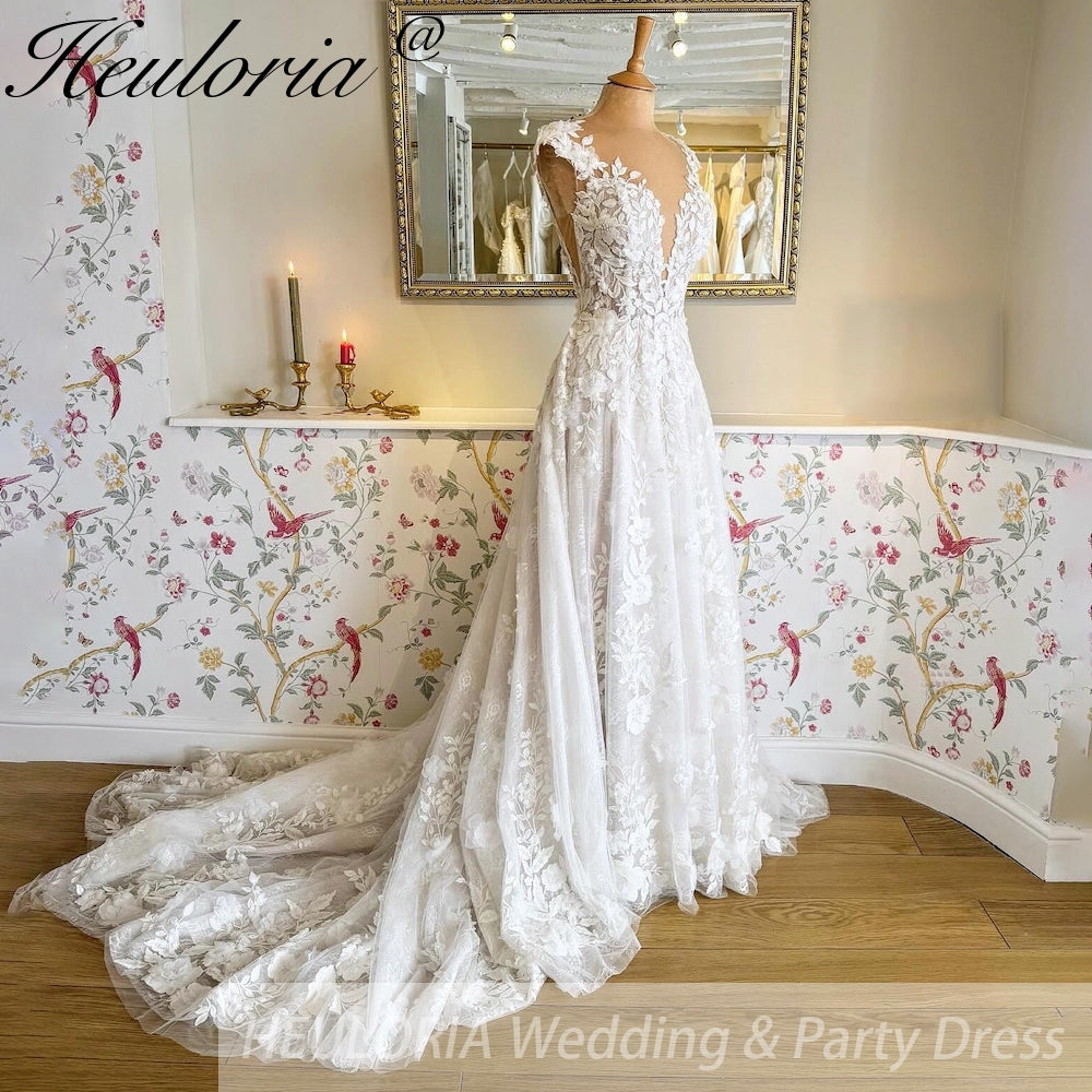 HEULORIA  a line Wedding Dress 3D flower Lace bridal dress V neck Customized AL-814