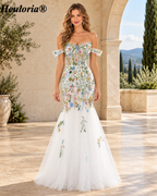 Heuloria Multicolor Floral Embroidered Off-the-Shoulder Tulle Mermaid Evening Dress ED-612