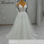 HEULORIA Shimmering Sequin Tulle A-Line Wedding Dress with Plunging V-Neck and Spaghetti Straps AL-1097