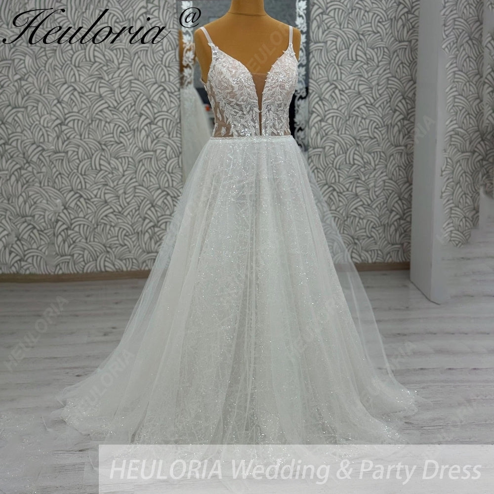 HEULORIA Shimmering Sequin Tulle A-Line Wedding Dress with Plunging V-Neck and Spaghetti Straps AL-1097
