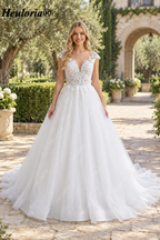 Illusion Deep V Lace Ball Gown Wedding Dress with Cap Sleeves BA-1090