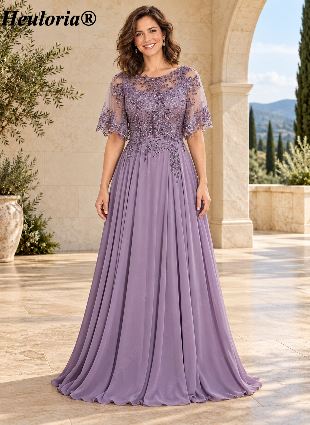 heuloria-Lace Applique Chiffon A-Line Mother of the Bride Dress with Cape-ed-378