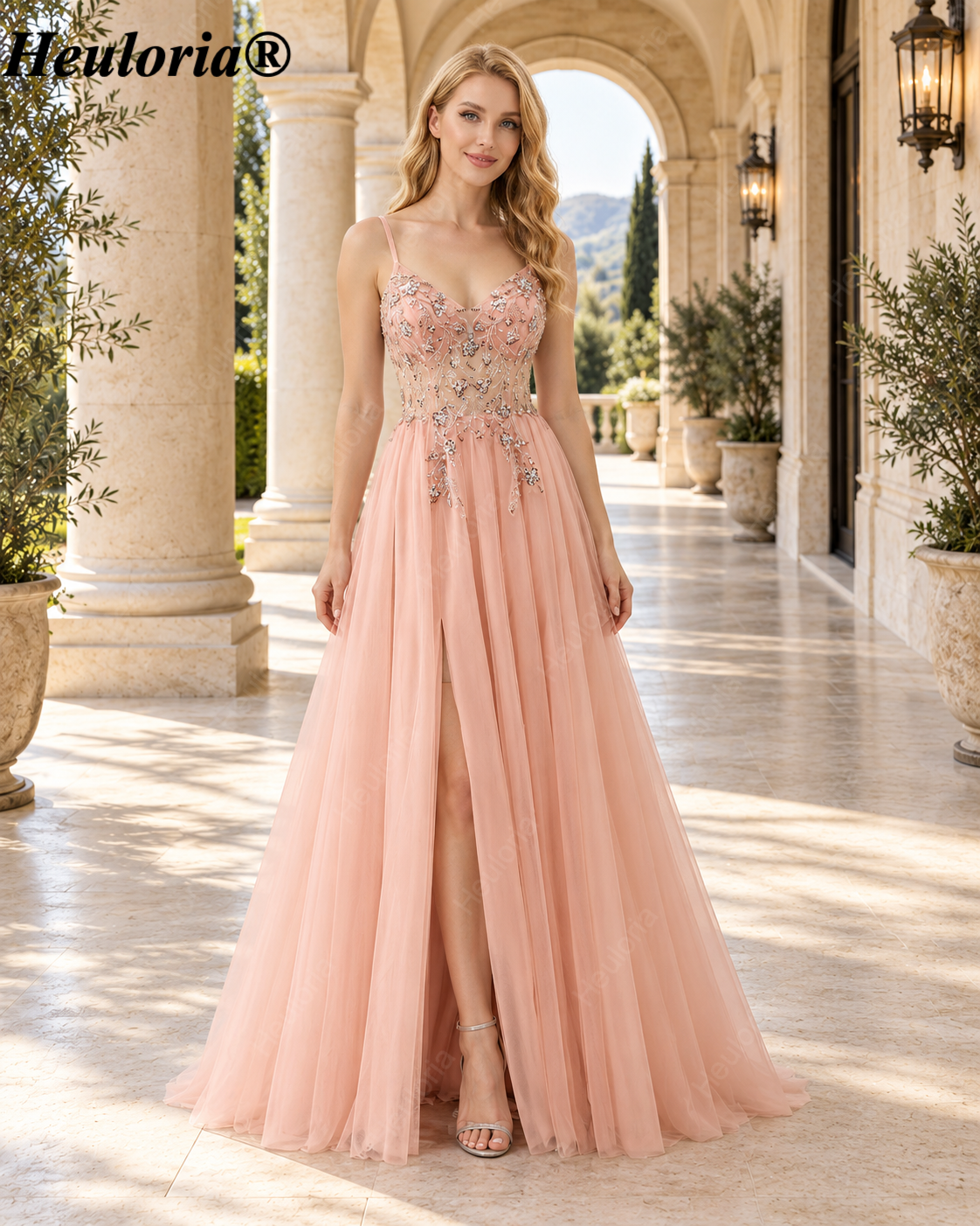 HEULORIA Blush Floral Beaded Tulle A-Line Prom Dress with V-Neck and High Slit ED-572 Main image