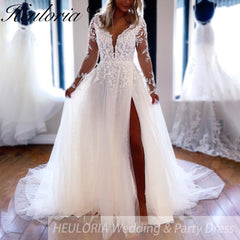 HEULORIA A line Wedding Dress long sleeve lace bride dress plus size robe de mariee  A line Wedding Bridal Gown AL-QK275