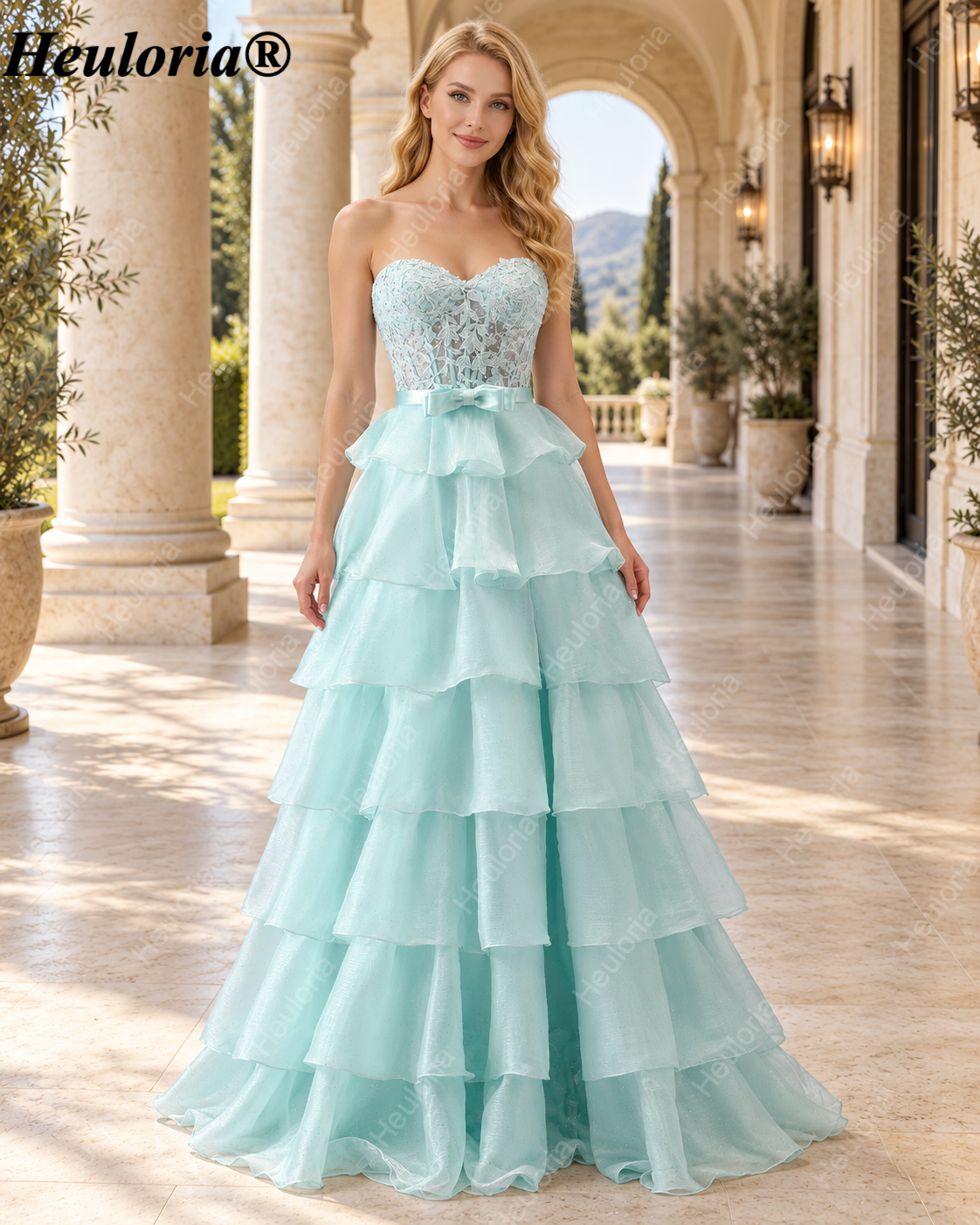 heuloria Strapless Lace Tiered Ruffle Prom Dress with Bow Waist ed-514