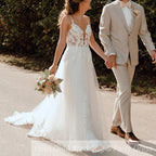 HEULORIA Spaghetti Straps Boho Wedding Dress Customized Lace Applqiues V Neck Bridal Gowns Tulle A Line abito da sposa AL-QK320