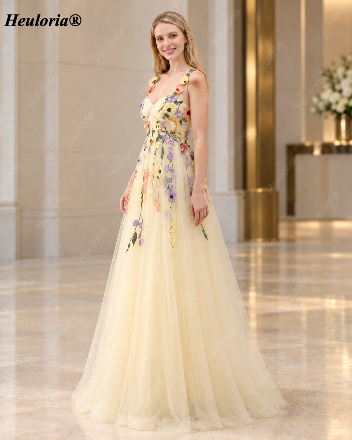 HEULORIA Ivory 3D Floral Applique Tulle A-Line Prom Dress with Sweetheart Neckline ED-585