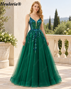 HEULORIA Emerald Green Sequin Tulle A-Line Prom Dress with Plunging V-Neck ED-340