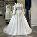 HEULORIA Royal High-Neck Lace Wedding Dress with Romantic Bishop Sleeves and Cathedral Train Muslim wedding dress  BA-1206