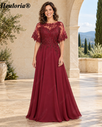 heuloria-Lace Applique Chiffon A-Line Mother of the Bride Dress with Cape-ed-378