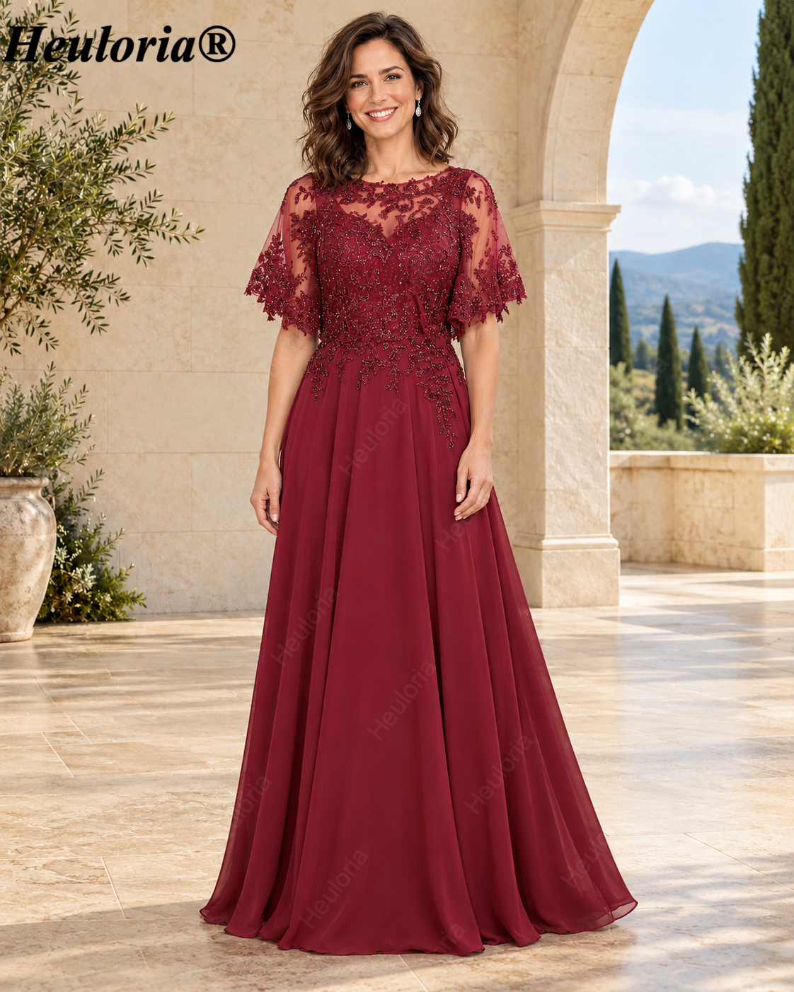 heuloria-Lace Applique Chiffon A-Line Mother of the Bride Dress with Cape-ed-378