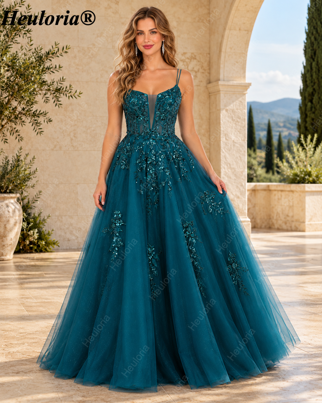 HEULORIA Emerald Floral Sequin A-Line Prom Dress with Plunging V-Neck and Open Back ED-407 Main image