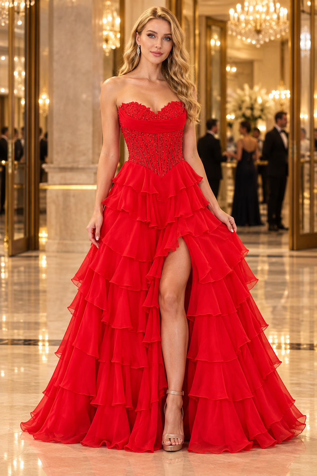 HEULORIA Strapless Lace Corset Prom Dress with Tiered Ruffles and Slit ED-89