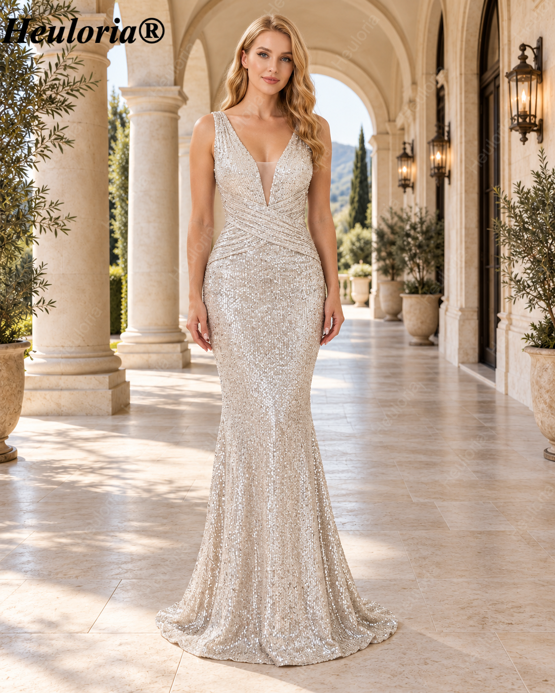 heuloria-Plunging V-Neck Sequin Mermaid Evening Dress with Ruched Waist-ed-51 Main image