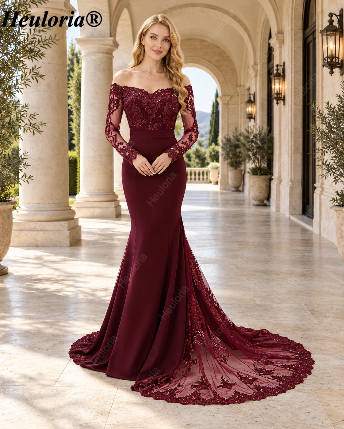 heuloria-Burgundy Off-the-Shoulder Lace Mermaid Evening Dress with Long Sleeves-ed-77