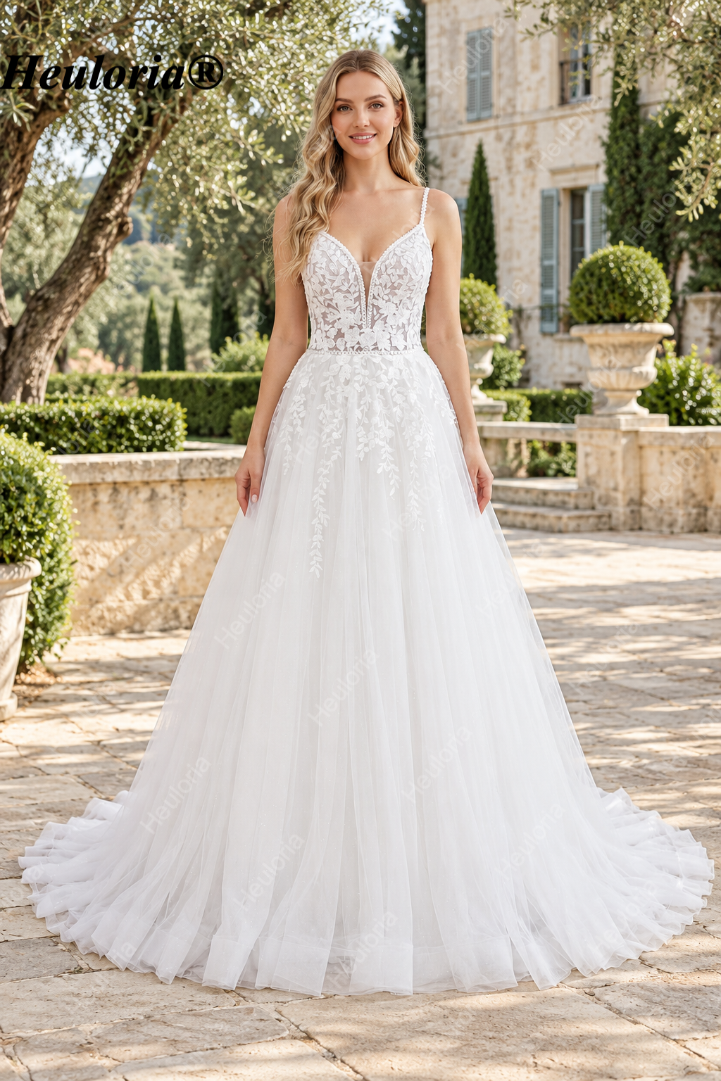 Illusion Deep V 3D Floral Glitter A-Line Wedding Dress with Spaghetti Straps AL-1048 Imagen principal del producto