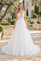 Illusion Deep V 3D Floral Glitter A-Line Wedding Dress with Spaghetti Straps AL-1048