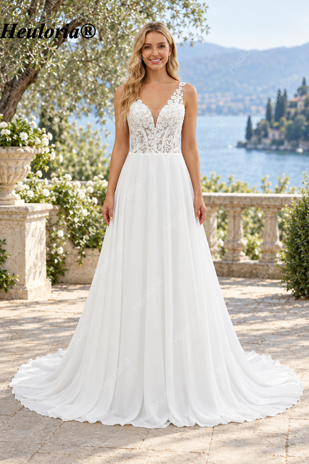 Illusion Deep V Lace Chiffon A-Line Wedding Dress with Keyhole Back AL-1046 Imagen principal del producto