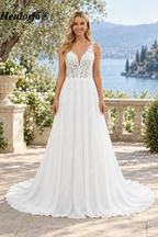 Illusion Deep V Lace Chiffon A-Line Wedding Dress with Keyhole Back AL-1046