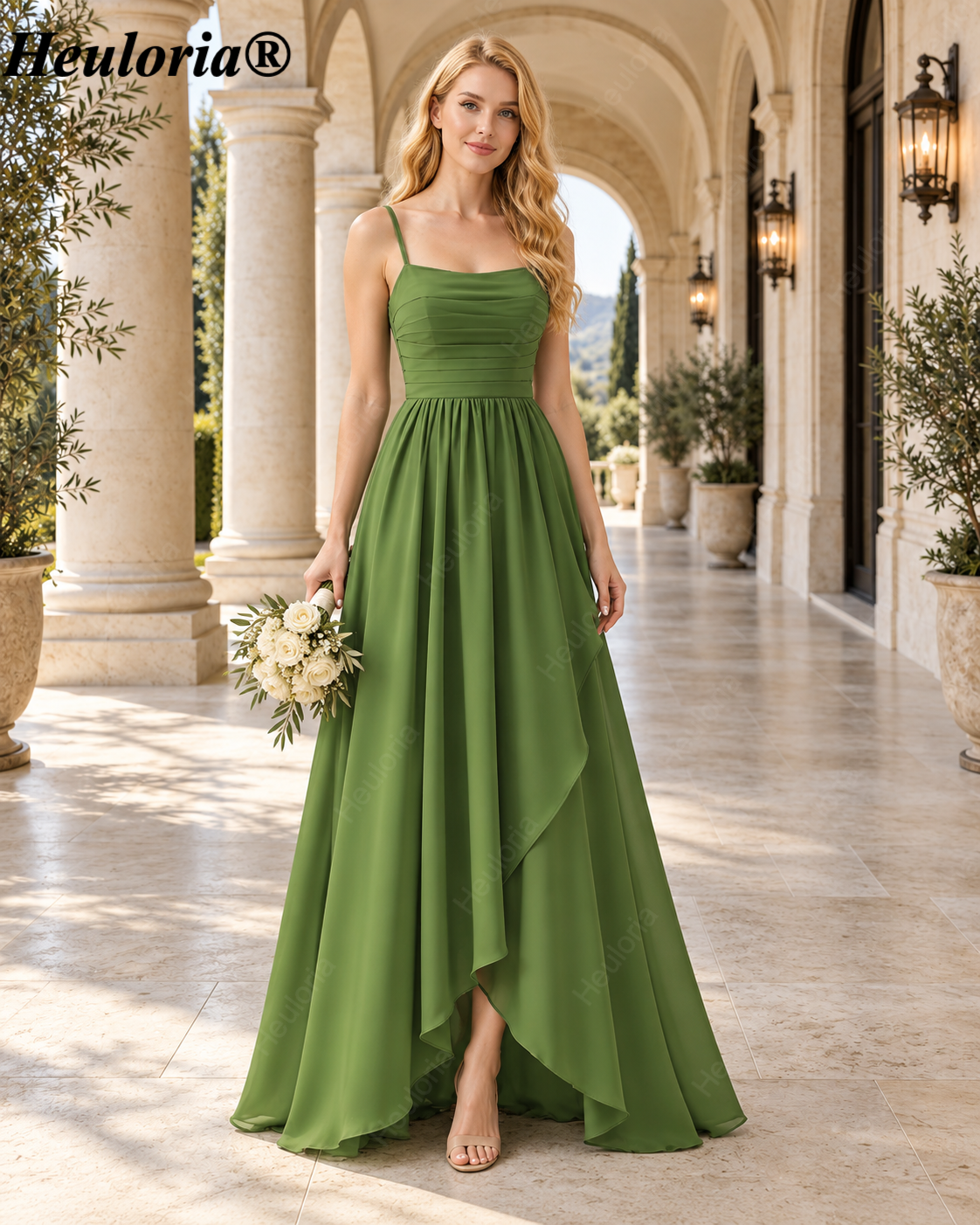 heuloria-Olive Green Pleated Bridesmaid Dress with Cascading Skirt-ed-534