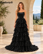 HEULORIA Black Strapless Sequin Tiered A-Line Evening Dress with Train ED-104