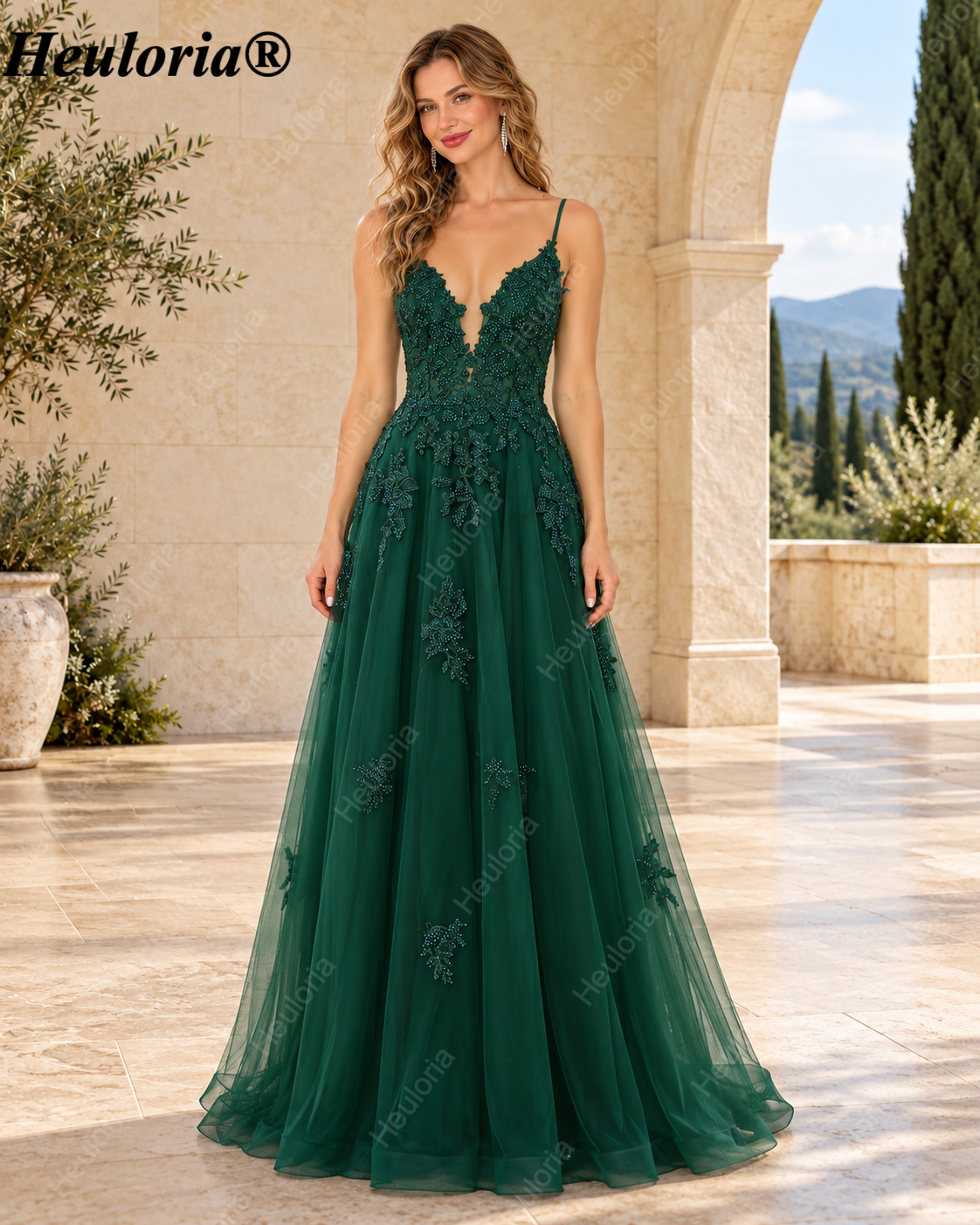HEULORIA Spaghetti Strap Lace Applique A-Line Tulle Prom Dress ED-337 Imagen principal del producto