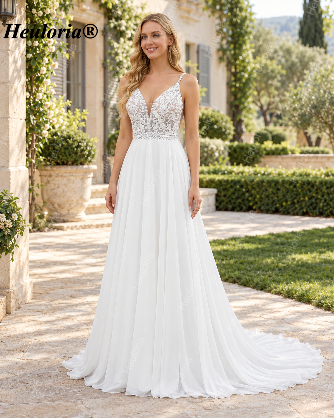 Deep V Lace Chiffon A-Line Wedding Dress with Spaghetti Straps AL-1066 Imagen principal del producto