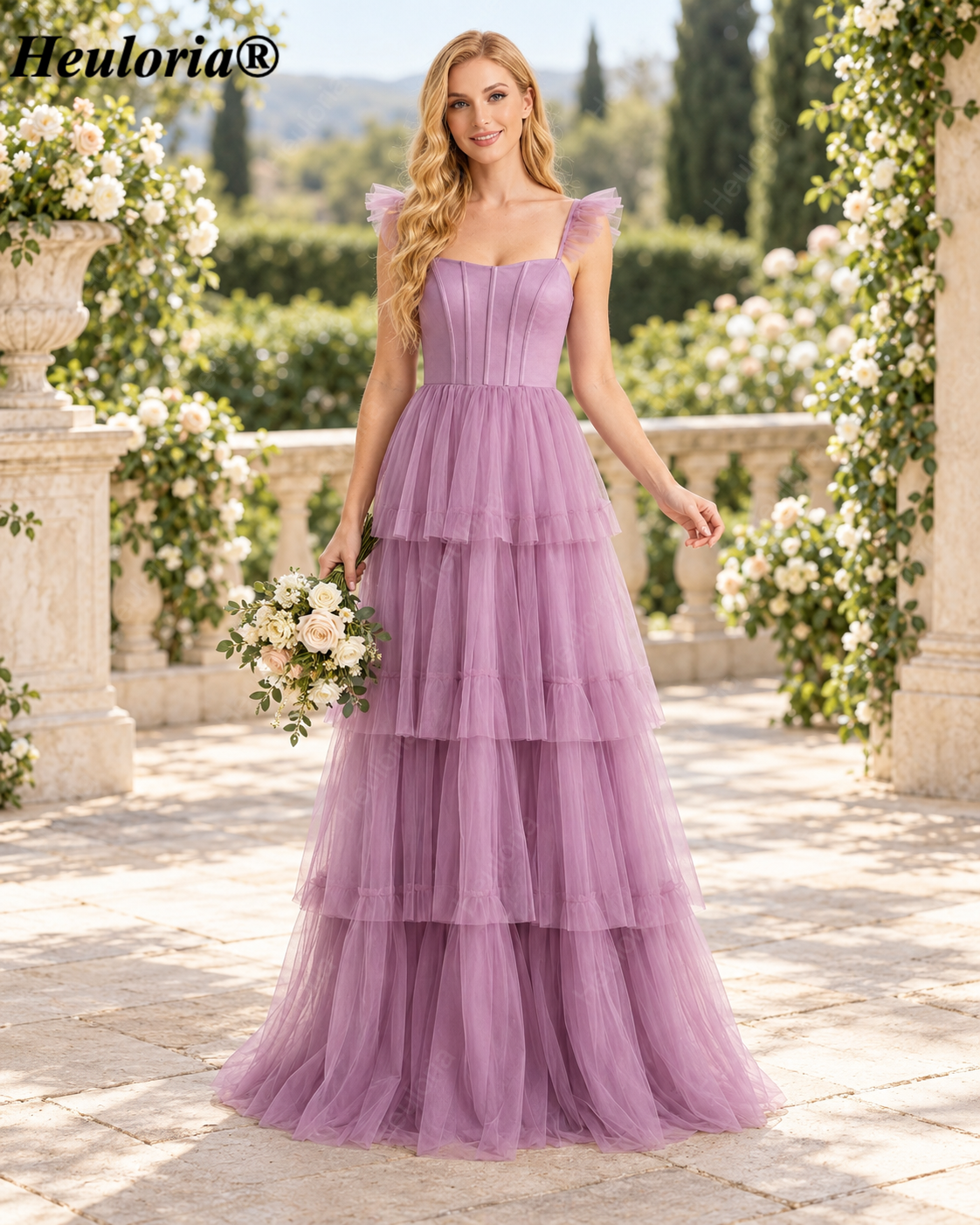 HEULORIA Dusty Sage Square Neck Tiered Tulle A-Line Prom Dress with Ruffle Straps and Corset Back ED-226