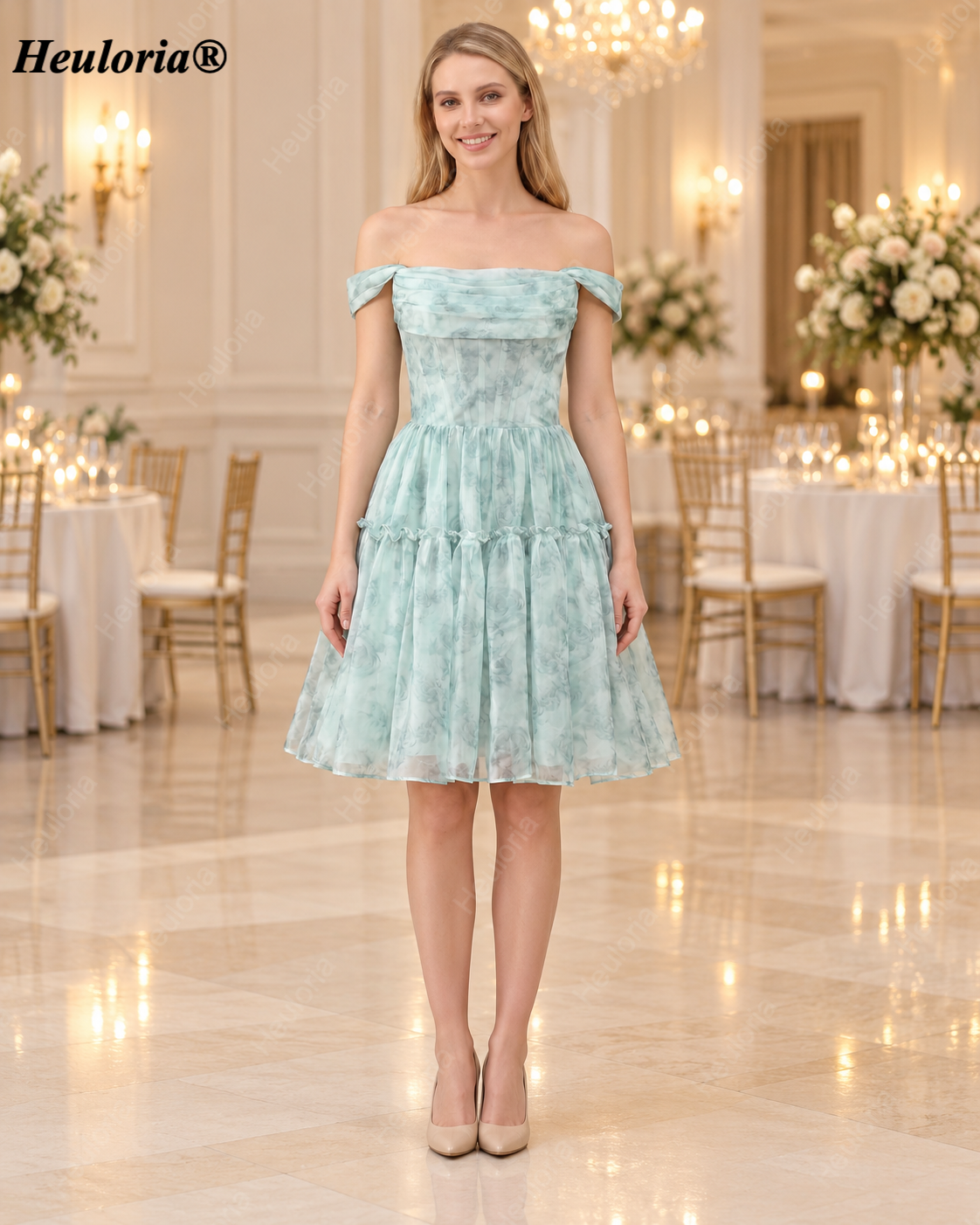 HEULORIA Watercolor Floral Off-the-Shoulder A-Line Mini Dress with Tiered Skirt ED-600