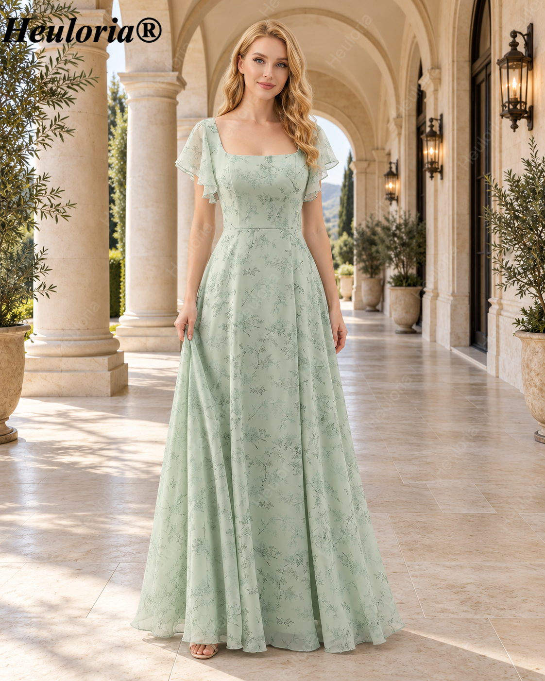 heuloria-Grey Green Floral Square Neck Flutter Sleeve Bridesmaid Dress-ed-558