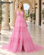 HEULORIA V-Neck Tiered Glitter Tulle Prom Dress with Spaghetti Straps ED-364