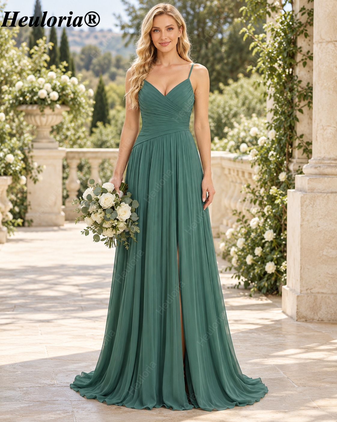 HEULORIA Dark Green Pleated Chiffon A-Line Bridesmaid Dress with V-Neck – ED-261 Immagine secondaria del prodotto