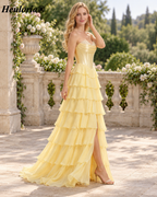 HEULORIA Pale Yellow Strapless Sweetheart Corset Tiered Chiffon A-Line Prom Dress ED-236