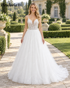 Sparkling Leafy Lace Deep V Ball Gown Wedding Dress AL-1088