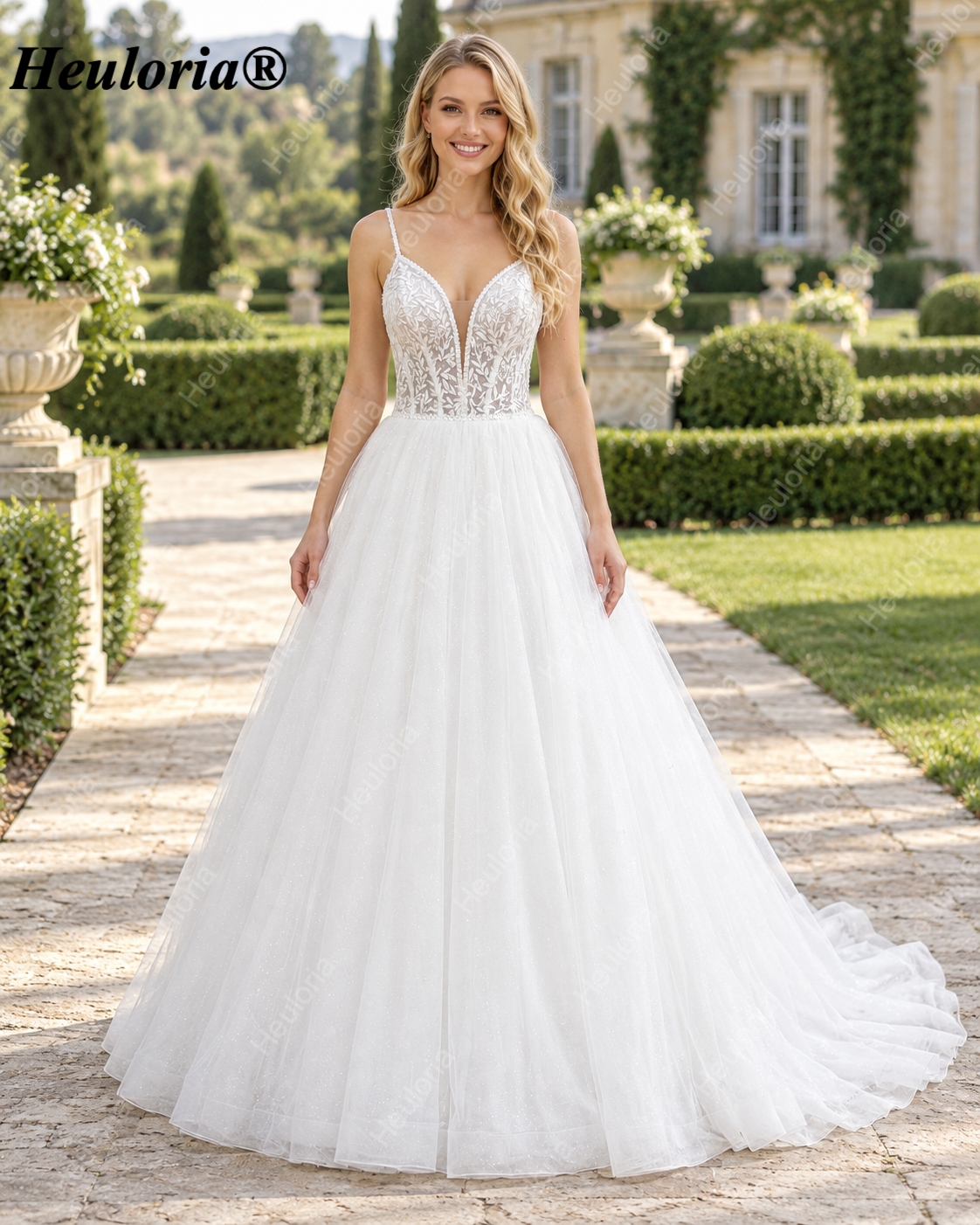 Sparkling Leafy Lace Deep V Ball Gown Wedding Dress AL-1088