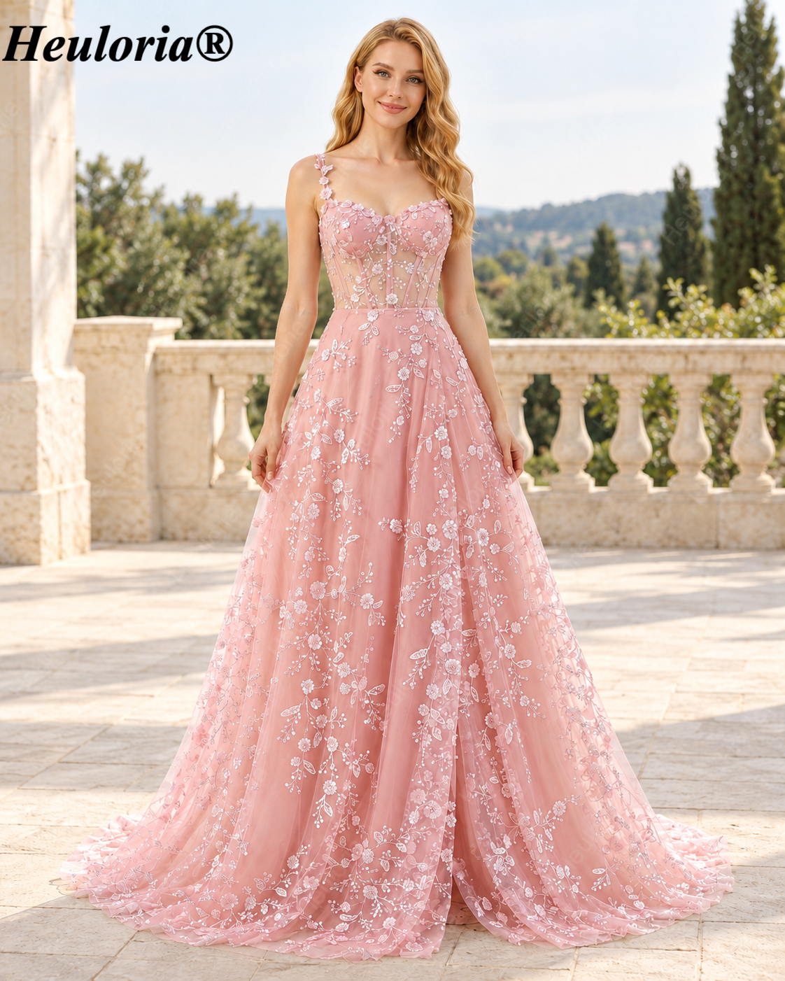 HEULORIA Floral Sequin Tulle A-Line Prom Dress with Sheer Corset Bodice ED-363